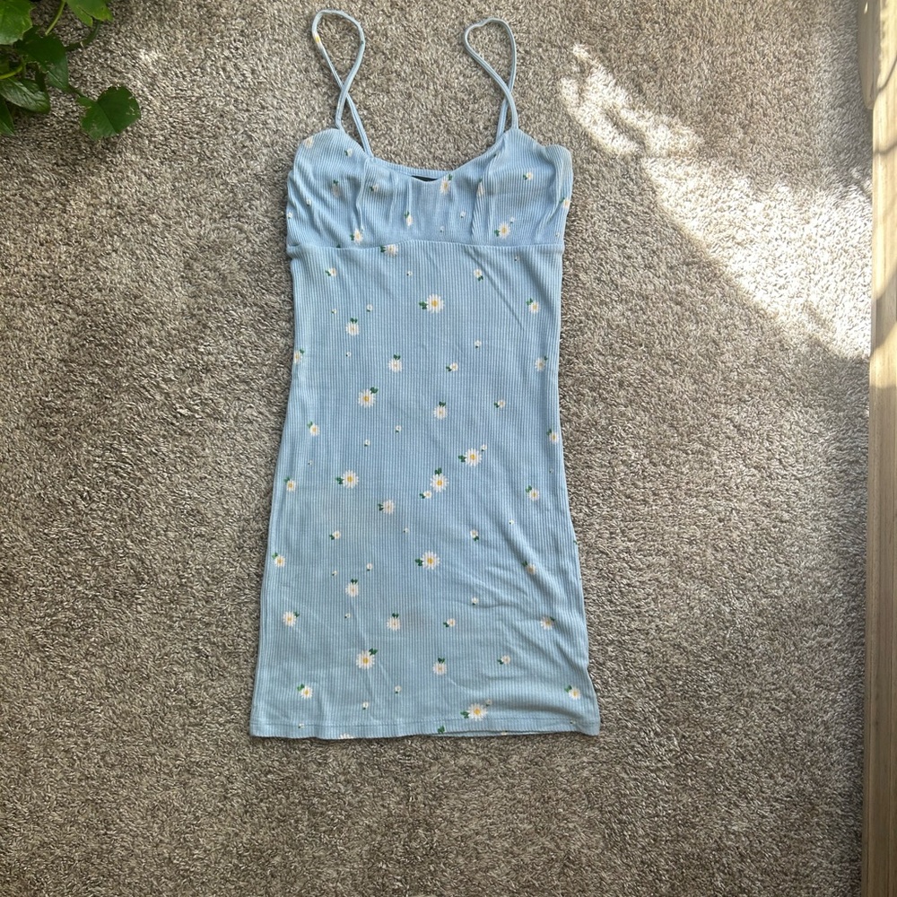 Light Blue Daisy Print Ribbed Mini Dress - Picture 4 of 12